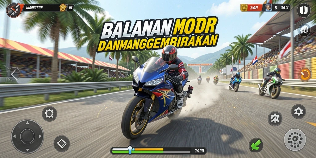 Tampilan gameplay seru dalam balapan motor 34R yang menegangkan.