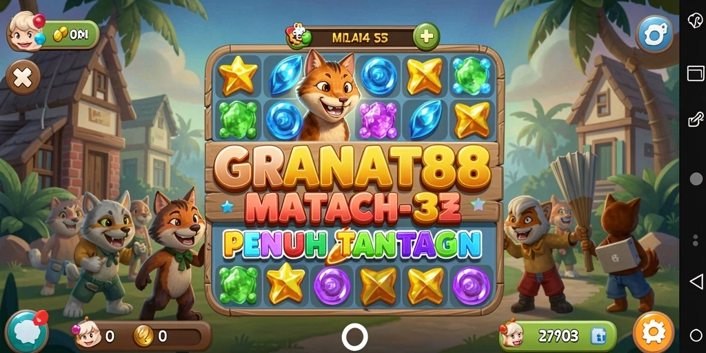 Screenshot permainan Match-3 dengan permata berwarna-warni yang menarik.