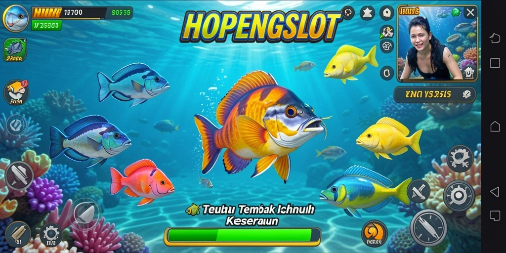 Tampilan permainan HOPENGSLOT dengan aksi menembak ikan yang seru.