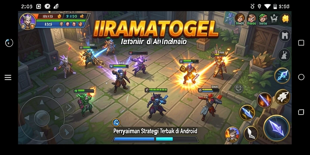 Screenshot gameplay IRAMATOGEL menampilkan pertempuran strategis dan pembangunan kerajaan.