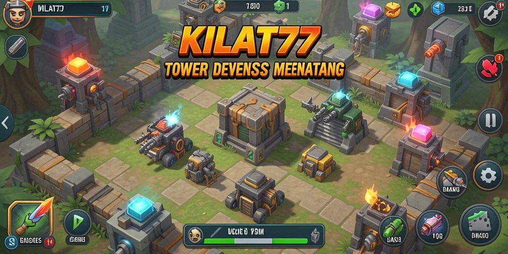 Tangkapan layar KILAT77 menampilkan menara beraksi melawan gelombang musuh dalam Tower Defense.
