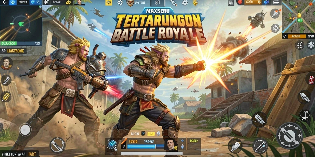 Tangkapan layar MAXSERU menampilkan aksi pertarungan Battle Royale yang seru.