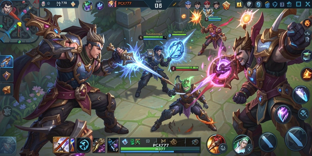 Screenshot dari gameplay PCX777 menunjukkan pertarungan seru antar hero.