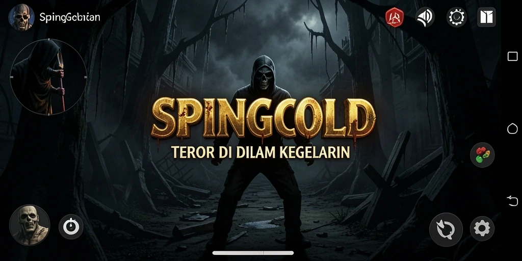 Screenshot SPINGOLD menampilkan suasana menyeramkan dalam gameplay.