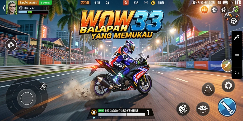 Screenshot WOW33 menampilkan aksi balapan motor yang seru.